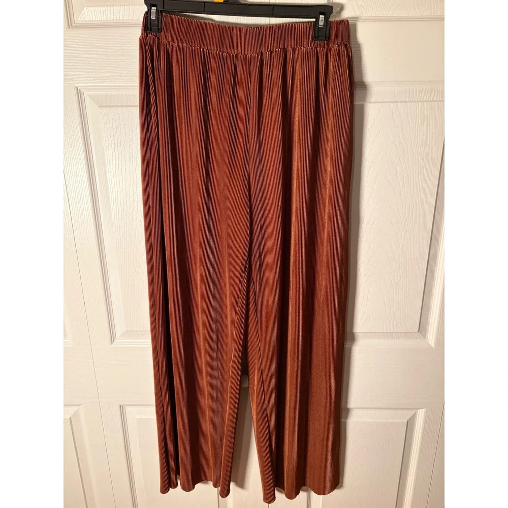 Pink Lily‎ Rust Brown Micro Pleated Two Piece Set Crop Top Wide Leg Pants Large